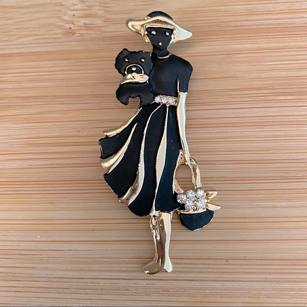 Vintage Gold, Black and Crystal Woman with Dog Pin Brooch